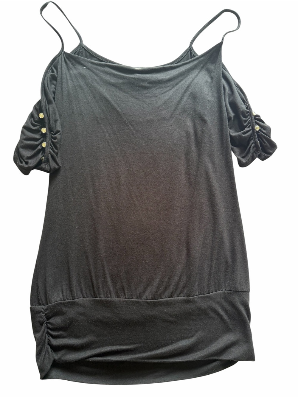 Suzy Shier Black Cold Shoulder Ruched Sleeve Top Size Medium - Picture 3 of 8